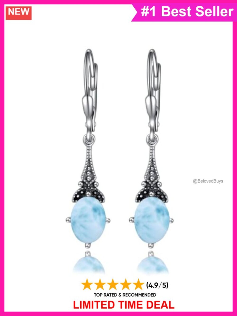 Sterling Silver Oval Larimar Dangle Leverback Earrings Gift Box